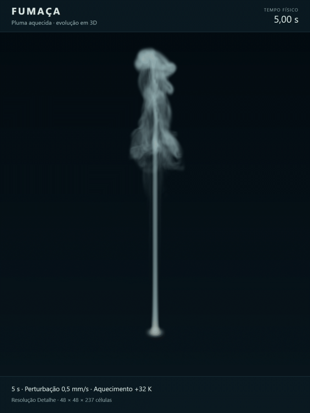 Último quadro da simulação: uma coluna estreita de fumaça aquecida termina em uma pluma com curvas e redemoinhos, aos cinco segundos.